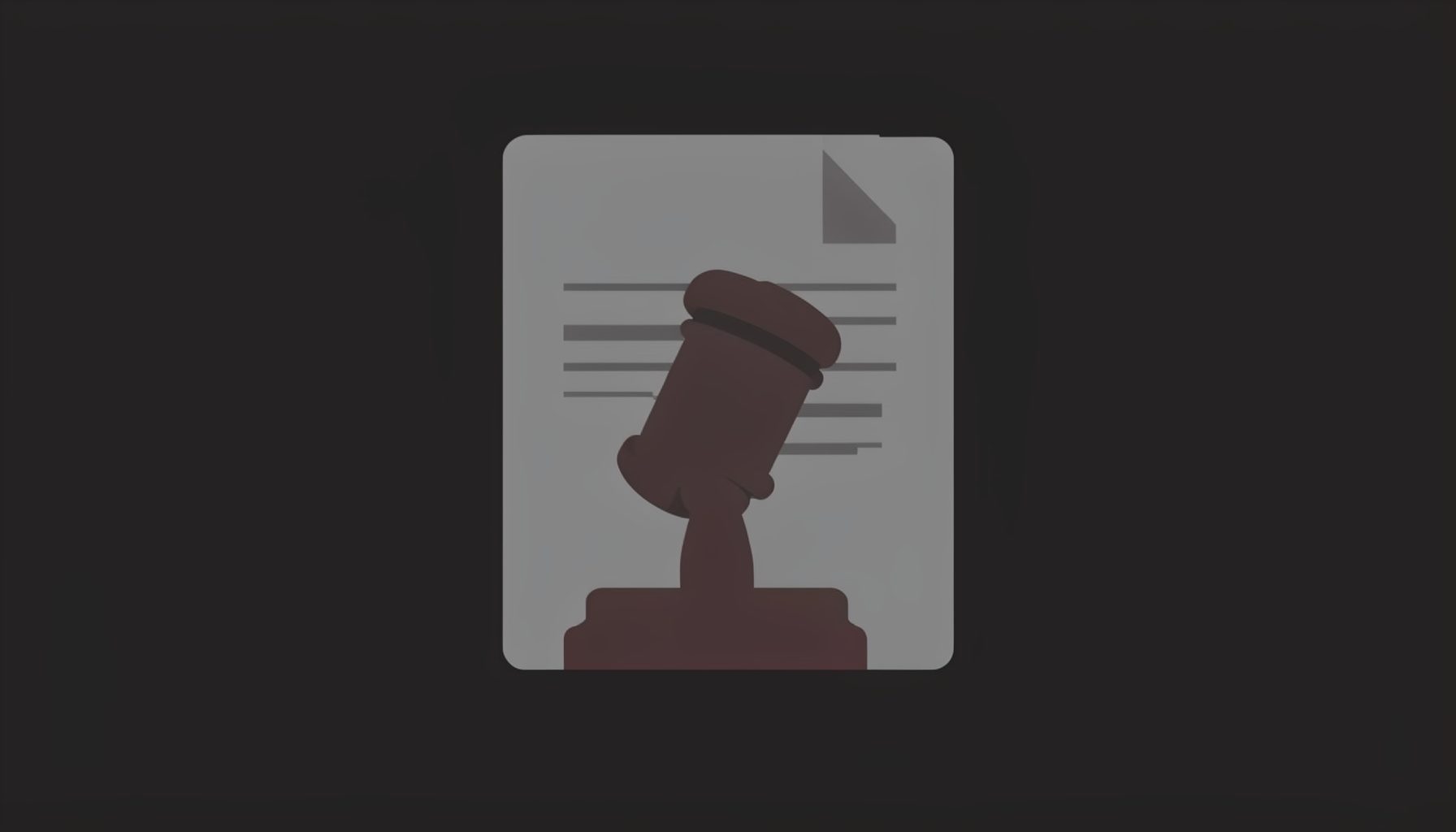 A flat vector illustration of a muted legal document with a subtle gavel silhouette, rendered in deep charcoal and soft grey tones against a dark background.